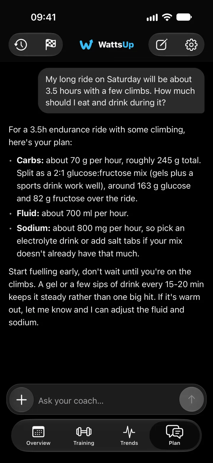 A conversation with the AI coach about fuelling a 3.5-hour ride: about 70 g of carbs an hour, 700 ml of fluid and 800 mg of sodium an hour.