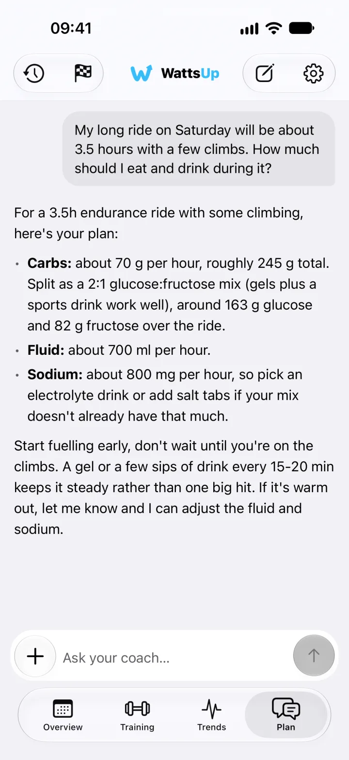 A conversation with the AI coach about fuelling a 3.5-hour ride: about 70 g of carbs an hour, 700 ml of fluid and 800 mg of sodium an hour.