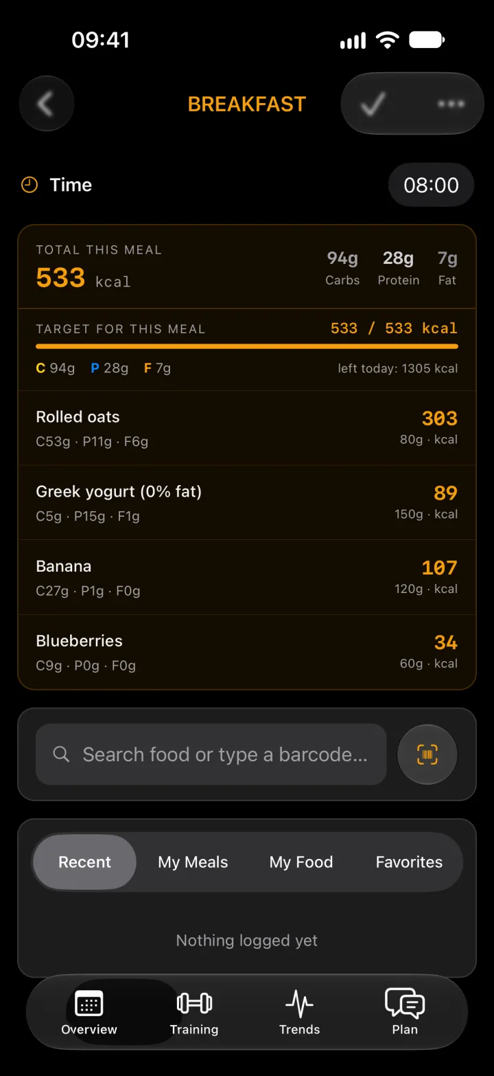Breakfast in WattsUp: rolled oats, Greek yogurt, a banana and blueberries, with calories and macros, and a search field with a barcode scanner.