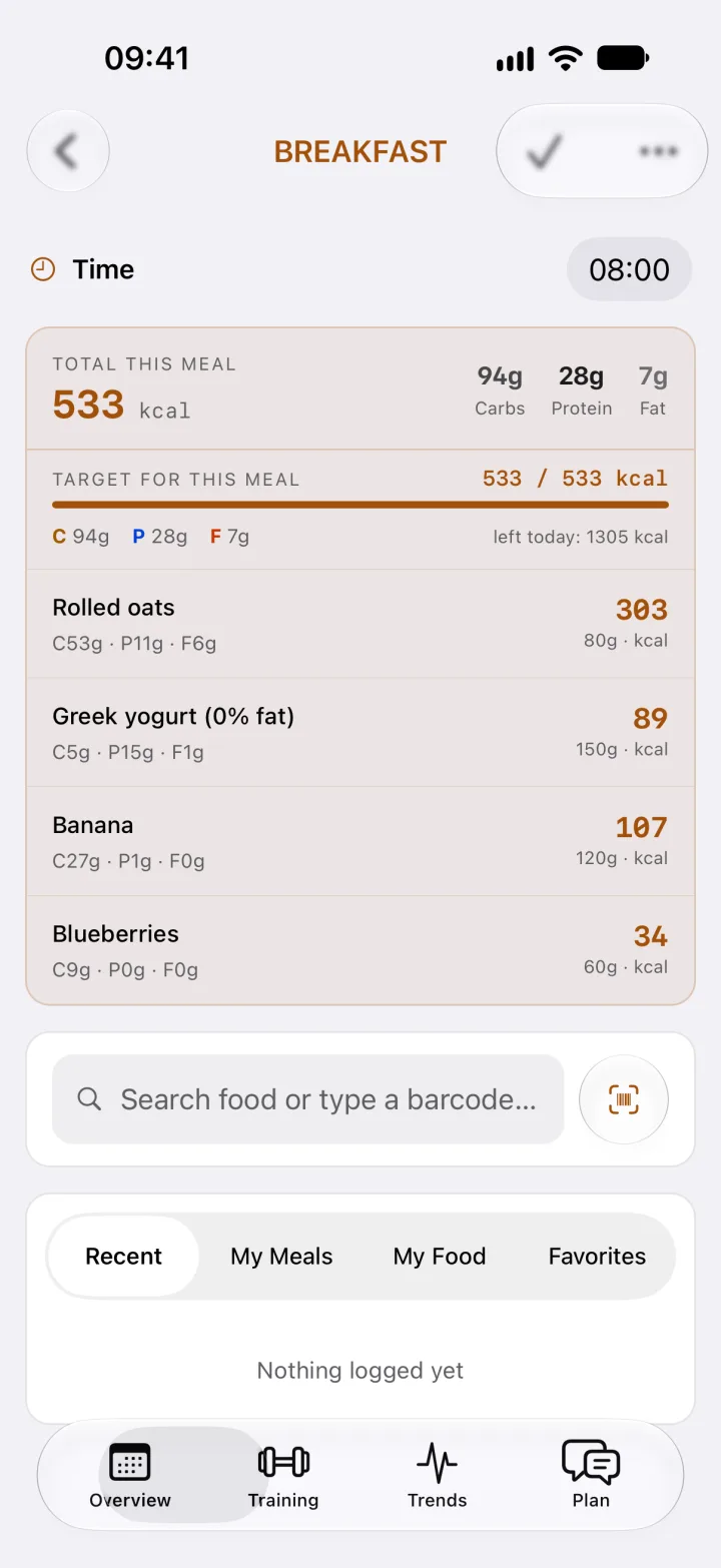 Breakfast in WattsUp: rolled oats, Greek yogurt, a banana and blueberries, with calories and macros, and a search field with a barcode scanner.