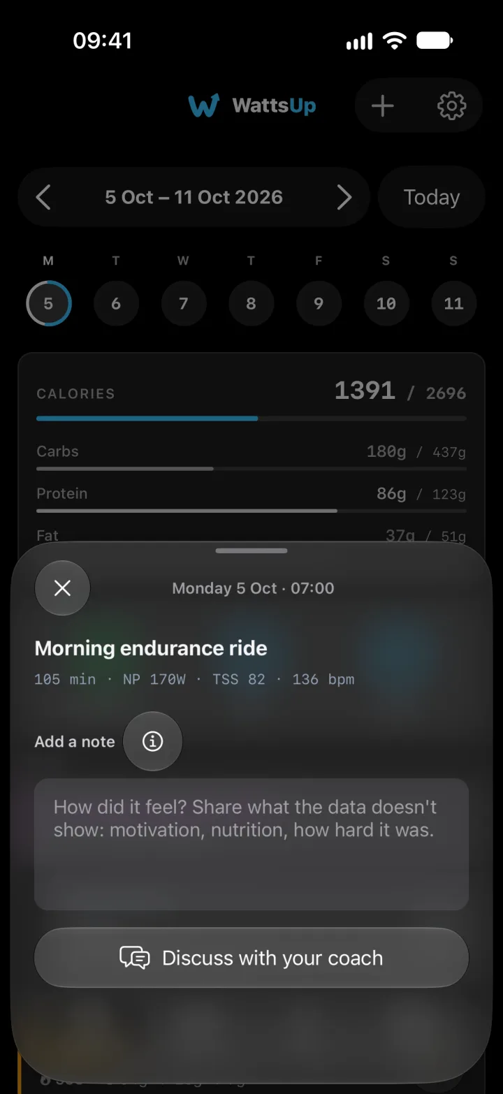 A sheet after the morning ride with its duration, power, training load and heart rate, a field for how it felt, and a button to discuss it with the coach.
