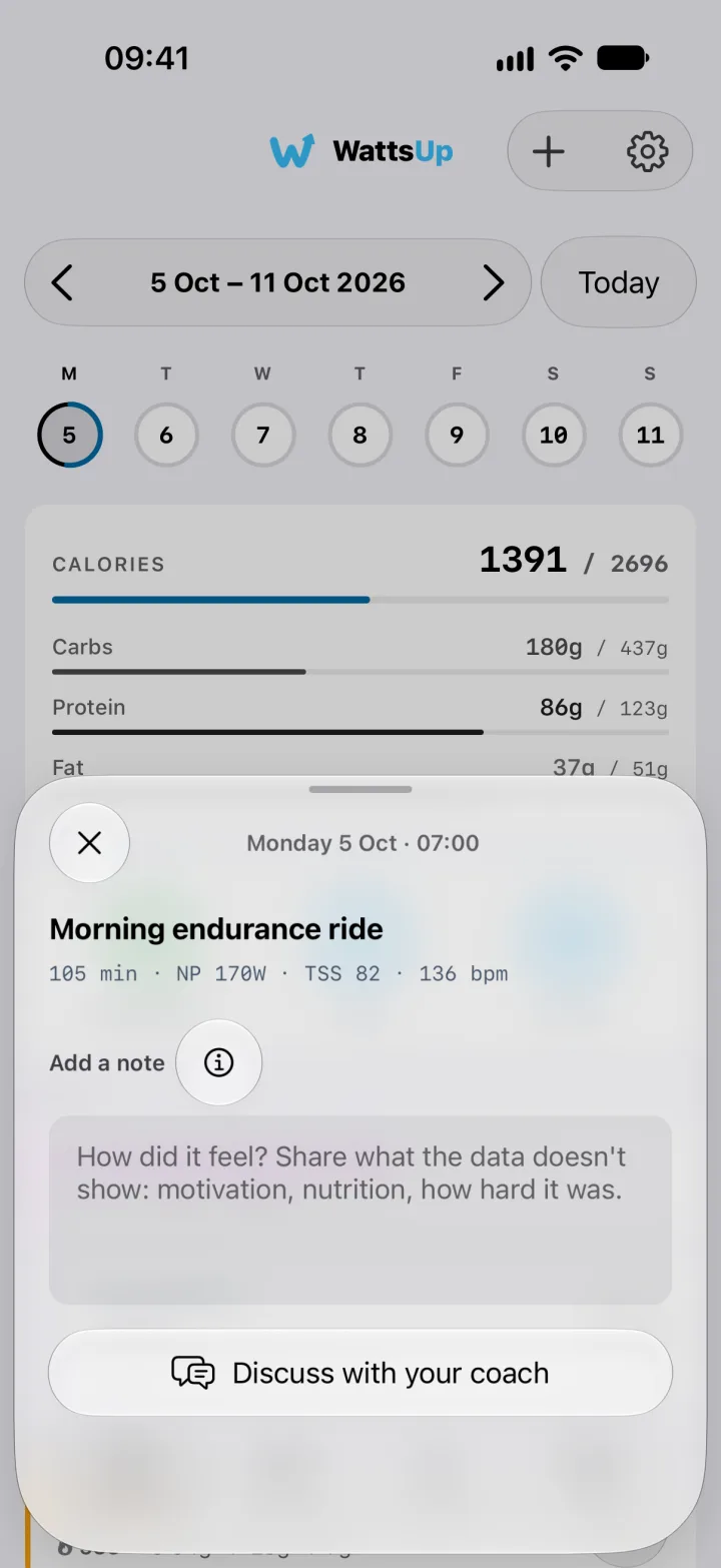 A sheet after the morning ride with its duration, power, training load and heart rate, a field for how it felt, and a button to discuss it with the coach.