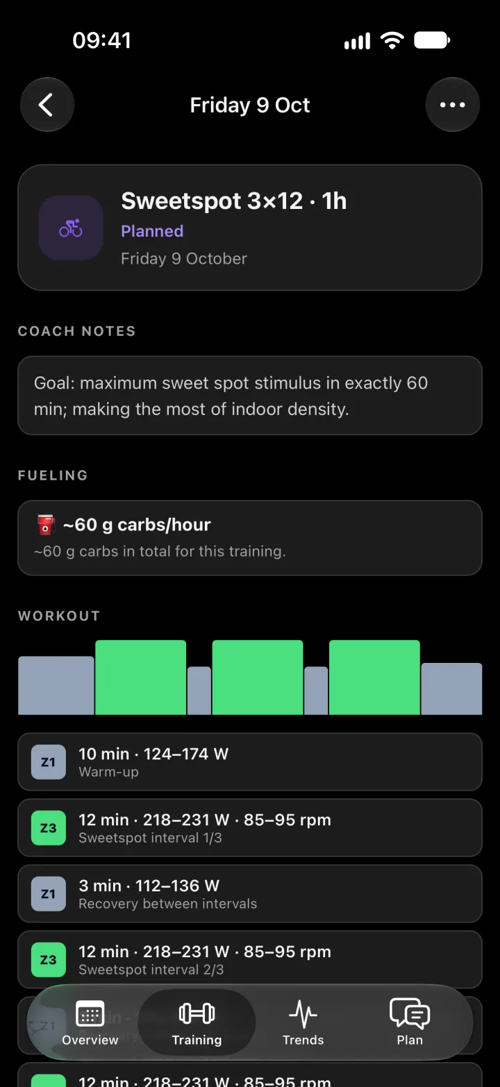 A planned sweet spot session: a coach note, about 60 g of carbs an hour, and a chart of three 12-minute intervals at 218 to 231 W.