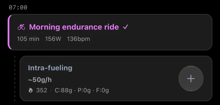 This morning’s endurance ride in WattsUp, with its fuel: about 50 g of carbs an hour, 88 g in total.