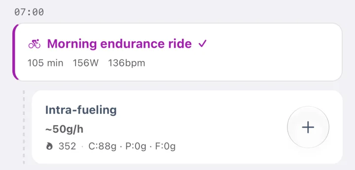 This morning’s endurance ride in WattsUp, with its fuel: about 50 g of carbs an hour, 88 g in total.