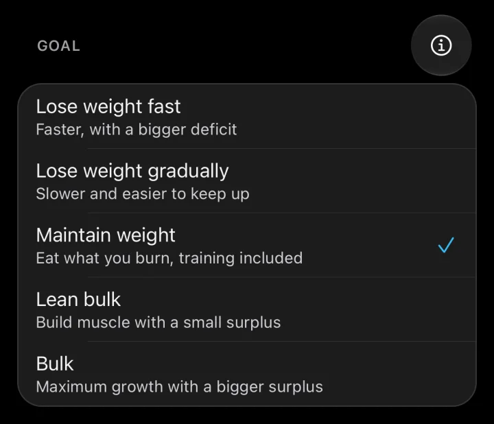 The goals in WattsUp: lose weight fast or gradually, maintain weight, lean bulk or bulk.