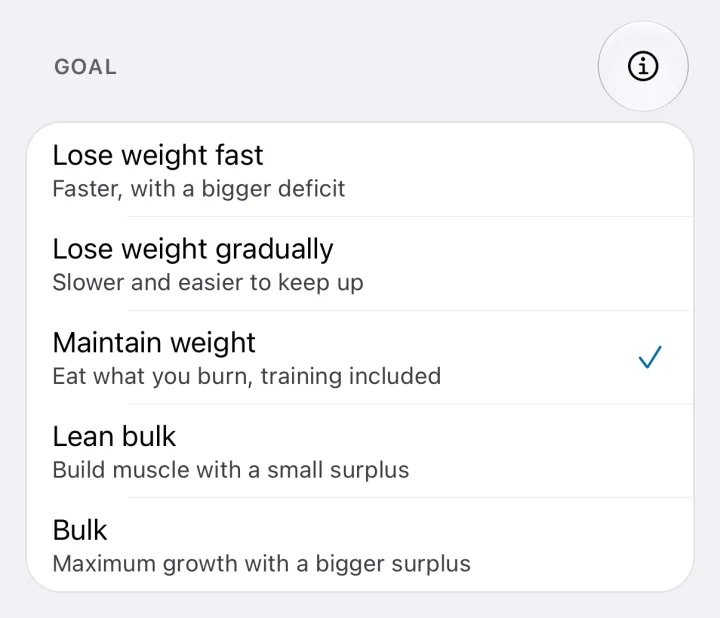 The goals in WattsUp: lose weight fast or gradually, maintain weight, lean bulk or bulk.